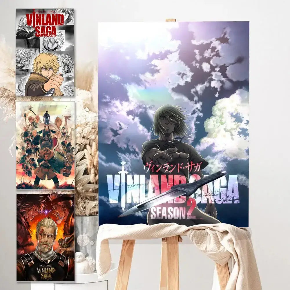 A large vinland saga self-stick poster featuring a long-haired character with a sword against a dramatic sky