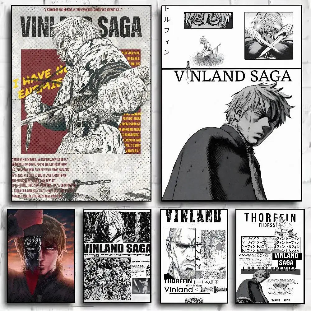 Black-and-white vinland saga art paper sticker featuring thorfinn in dramatic poses with bold stylized artwork