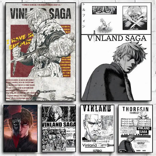 Black-and-white vinland saga art paper sticker featuring thorfinn in dramatic poses with bold stylized artwork
