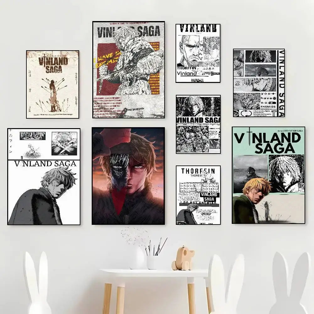 A collection of nine vinland saga art paper stickers featuring black and white and colored artwork on a white wall
