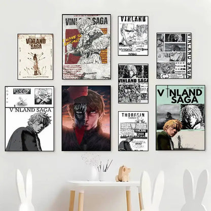 A collection of nine vinland saga art paper stickers featuring black and white and colored artwork on a white wall