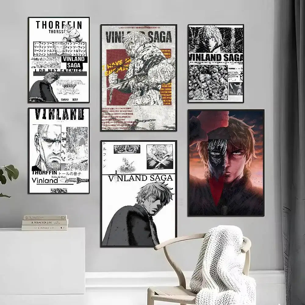Set of six vinland saga art paper sticker posters in black and white and color displayed on a gray wall
