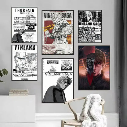 Set of six vinland saga art paper sticker posters in black and white and color displayed on a gray wall