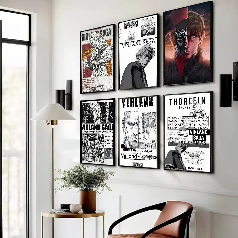 Six black-and-white vinland saga art paper stickers framed on a wall as decorative paper sticker posters