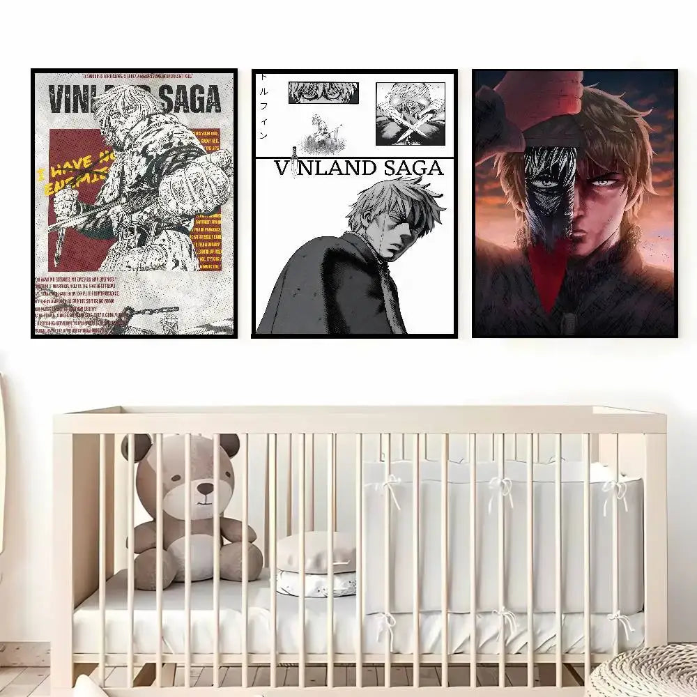 Three vinland saga art paper sticker posters in black white and color displayed above a white crib with plush teddy bear