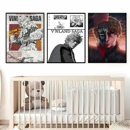Three vinland saga art paper sticker posters in black white and color displayed above a white crib with plush teddy bear