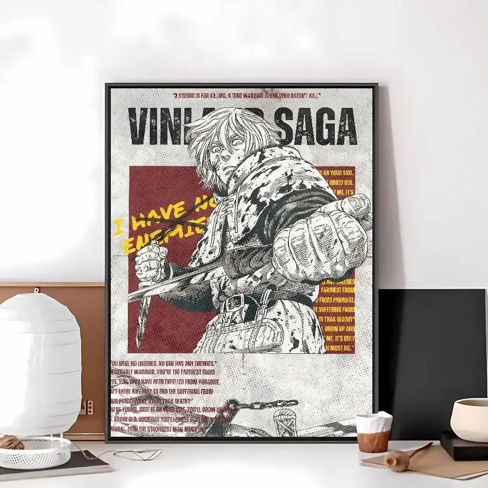 Black-framed vinland saga poster art paper sticker featuring protagonist in detailed armor with bold red and yellow text accents