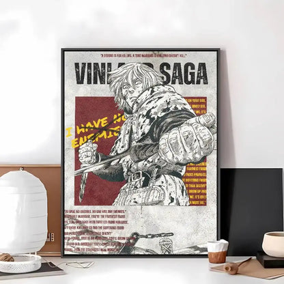 Black-framed vinland saga poster art paper sticker featuring protagonist in detailed armor with bold red and yellow text accents