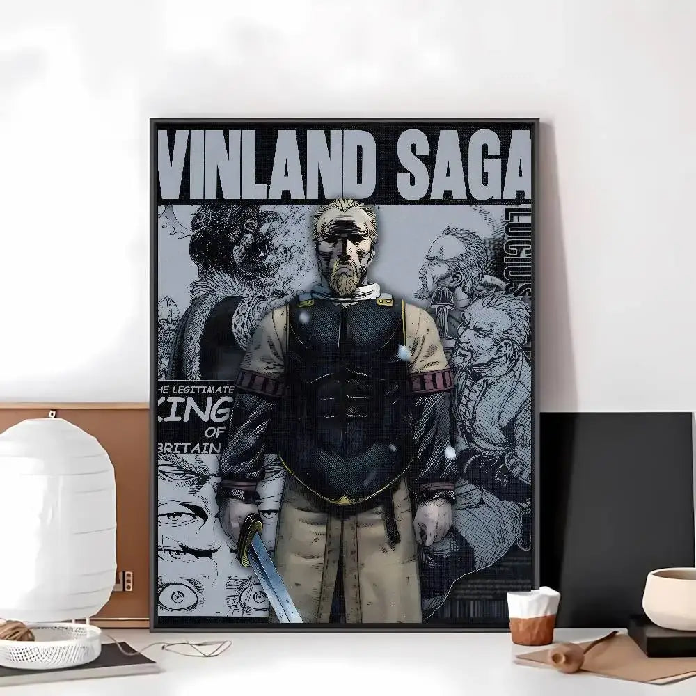 Black-framed vinland saga poster featuring armored character on monochrome background on a self-adhesive art paper sticker
