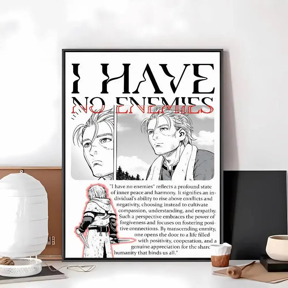 Black and white vinland saga art paper sticker with red bold text i have no enemies featuring attack on titan characters
