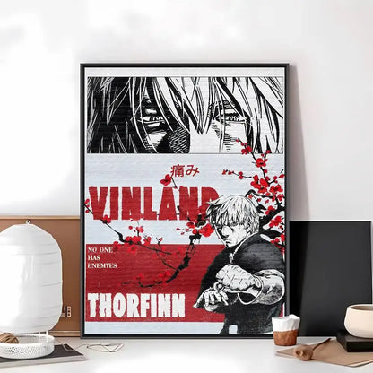 Black and red framed vinland saga poster featuring anime characters on self-adhesive art paper sticker with cherry blossoms