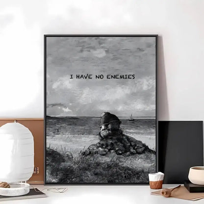 Black-framed black-and-white vinland saga art paper sticker showing text i have no enemies above figure by sea on self-adhesive art paper