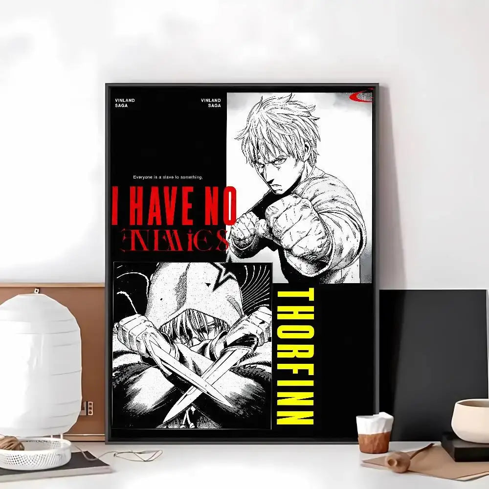 Black and white vinland saga art paper sticker featuring thorfinn with bold red and yellow text accents