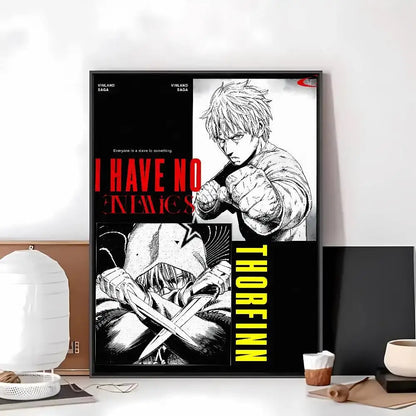 Black and white vinland saga art paper sticker featuring thorfinn with bold red and yellow text accents