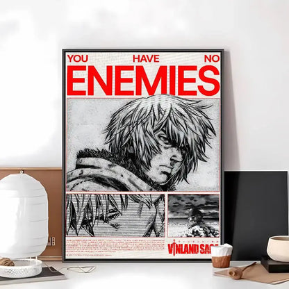Black and white vinland saga art paper sticker featuring a stylized character and bold red you have no enemies text