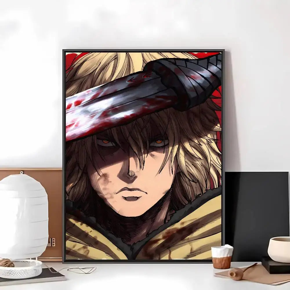 Black-framed vinland saga art paper sticker featuring blonde character with red eyes holding blood-stained sword