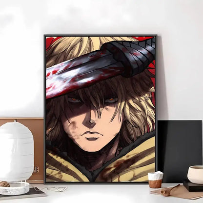 Black-framed vinland saga art paper sticker featuring blonde character with red eyes holding blood-stained sword