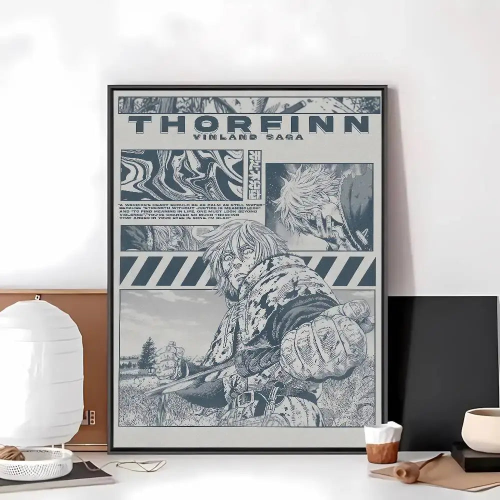 Black-framed vinland saga poster featuring detailed black-and-white thorfinn illustration on self-adhesive art paper sticker