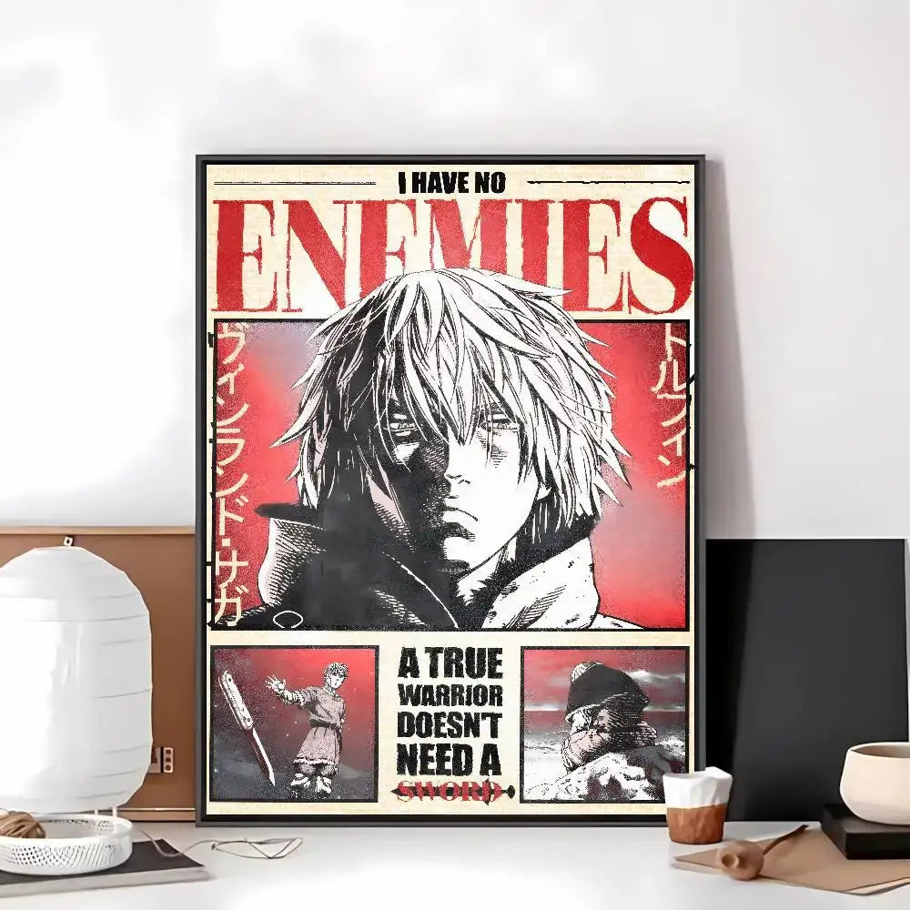 Black-and-white vinland saga art paper sticker with bold red text and japanese characters in a black frame