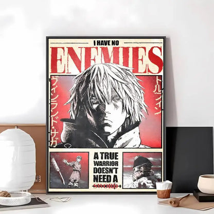 Black-and-white vinland saga art paper sticker with bold red text and japanese characters in a black frame