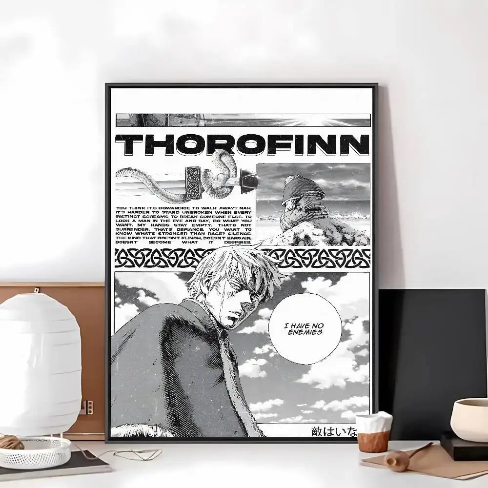 Black and white framed vinland saga art paper sticker featuring thorofinn with bold comic style artwork