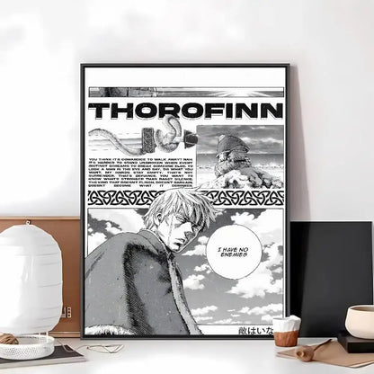 Black and white framed vinland saga art paper sticker featuring thorofinn with bold comic style artwork