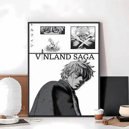 Black-framed vinland saga art paper sticker featuring grayscale main character with spiky hair and japanese text on left side