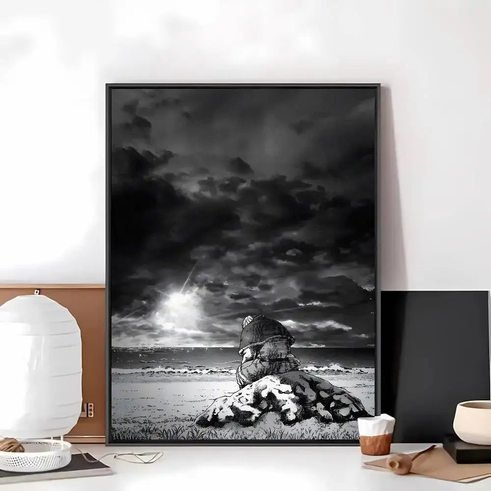 Vinland saga black-framed black-and-white art paper sticker of solitary figure in knit hat by sea on art paper