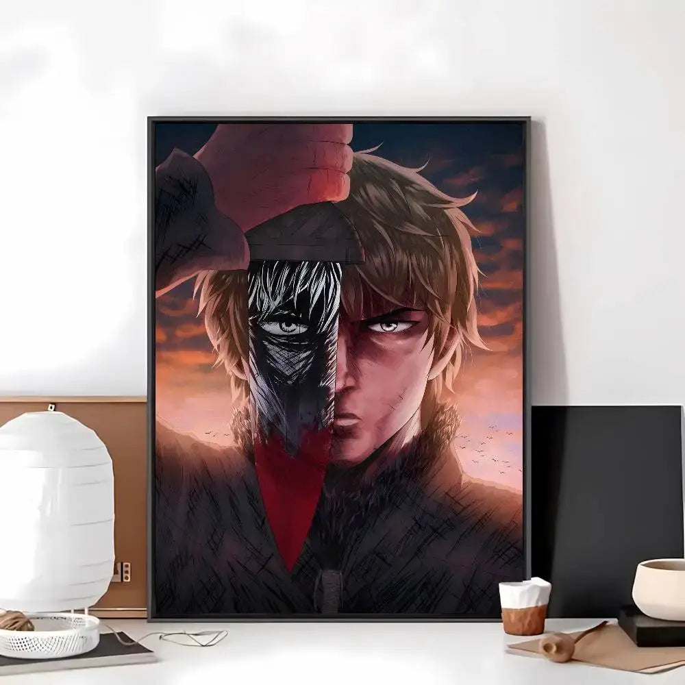 Framed vinland saga anime portrait with half black and white face on orange sunset printed on self-adhesive art paper sticker