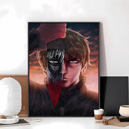 Framed vinland saga anime portrait with half black and white face on orange sunset printed on self-adhesive art paper sticker