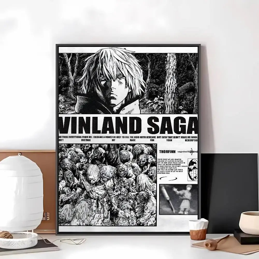 Black and white vinland saga paper sticker featuring bold text and detailed character line art on art paper sticker