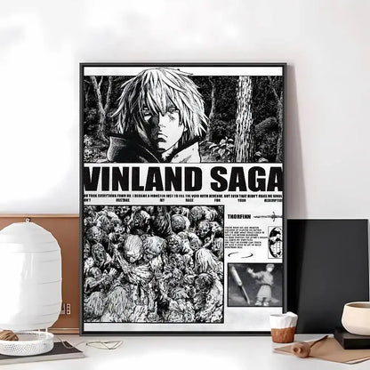 Black and white vinland saga paper sticker featuring bold text and detailed character line art on art paper sticker