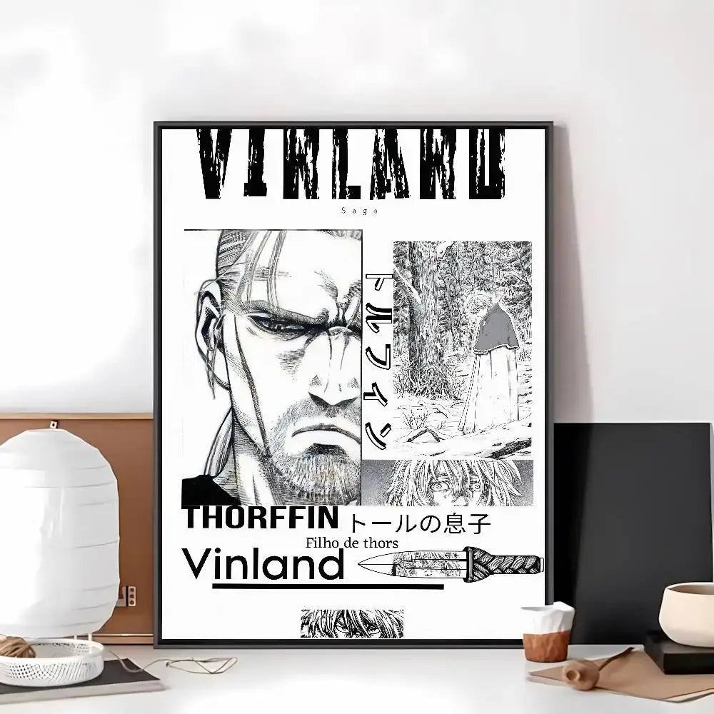 Black-framed vinland saga poster art paper sticker with bold title and detailed black-and-white manga illustrations