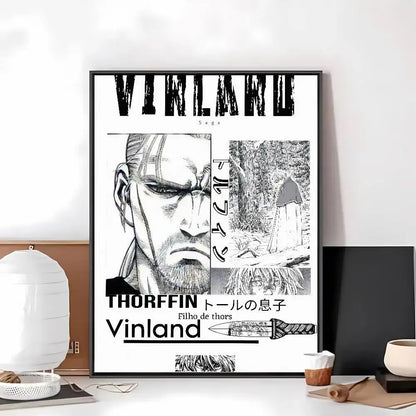 Black-framed vinland saga poster art paper sticker with bold title and detailed black-and-white manga illustrations