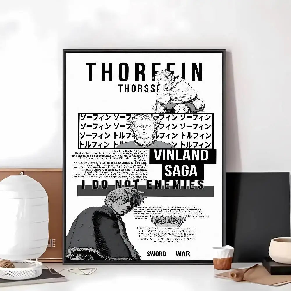 Black-framed vinland saga paper sticker featuring monochrome thorfinn illustration on self-adhesive art paper
