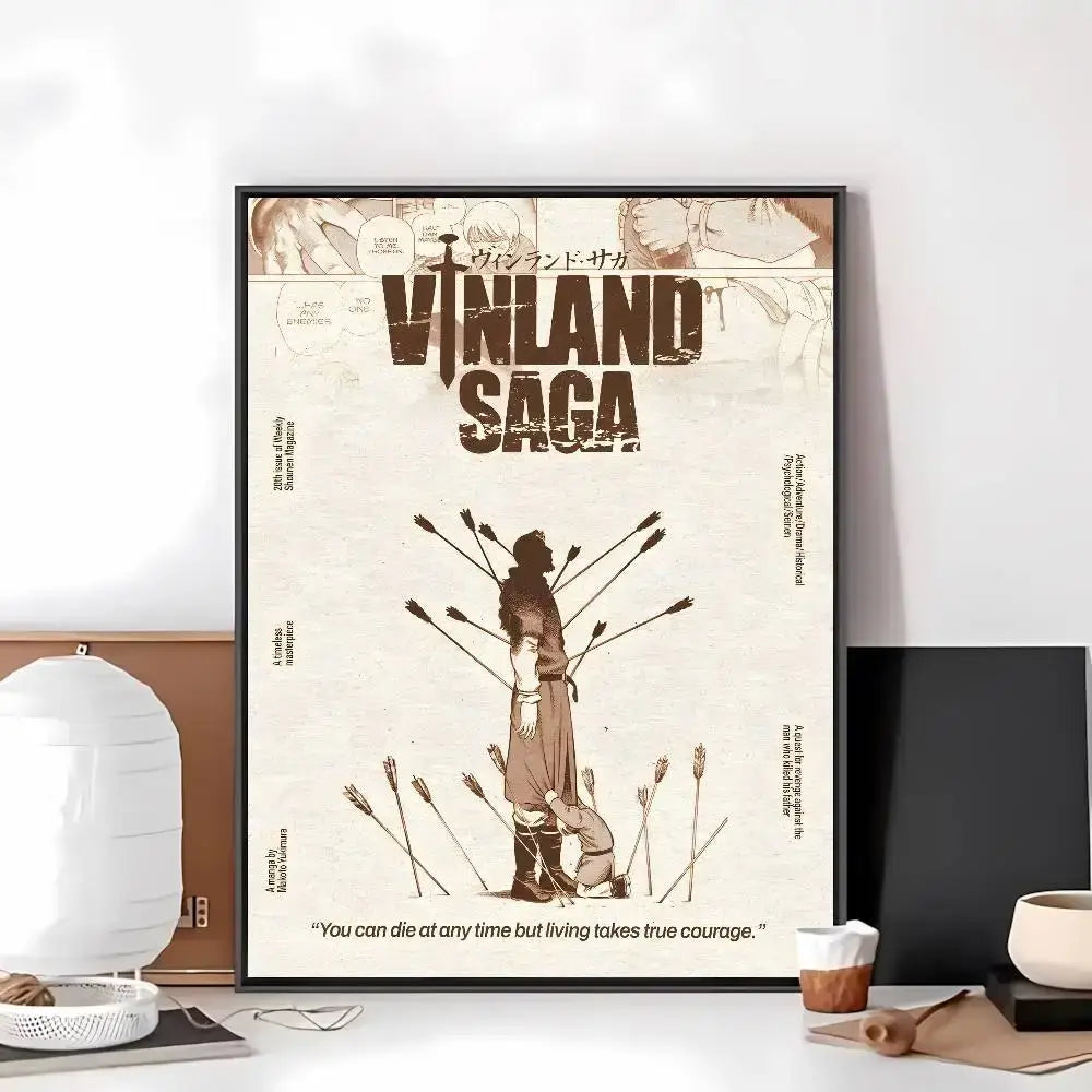 Framed vinland saga art paper sticker with sepia warrior illustration and bold black lettering featuring japanese text
