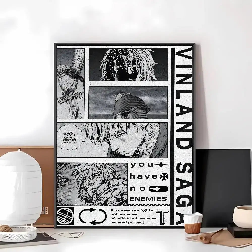 Black and white vinland saga art paper sticker featuring bold text and manga-style character panels with gritty design