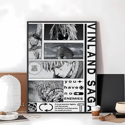 Black and white vinland saga art paper sticker featuring bold text and manga-style character panels with gritty design