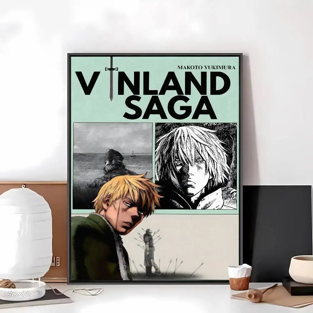 A vinland saga poster in bold black on light green self-adhesive art paper sticker with grayscale characters