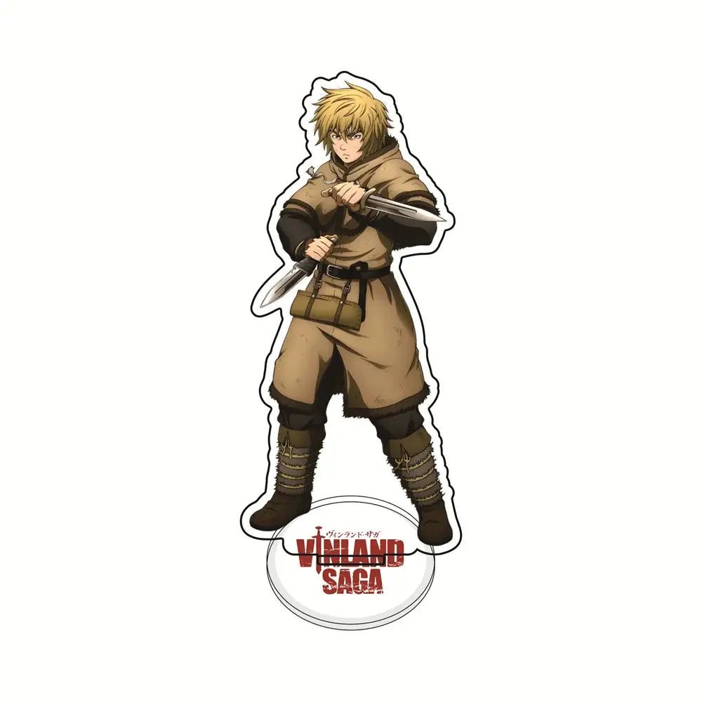 Brown and black vinland saga thorfinn acrylic stand with blonde hair swords on circular base for desktop ornament