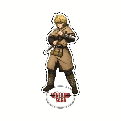 Brown and black vinland saga thorfinn acrylic stand with blonde hair swords on circular base for desktop ornament