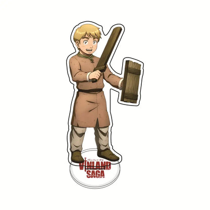 Vinland saga thorfinn acrylic stand with brown accents featuring a blonde boy in medieval clothing holding sword and shield