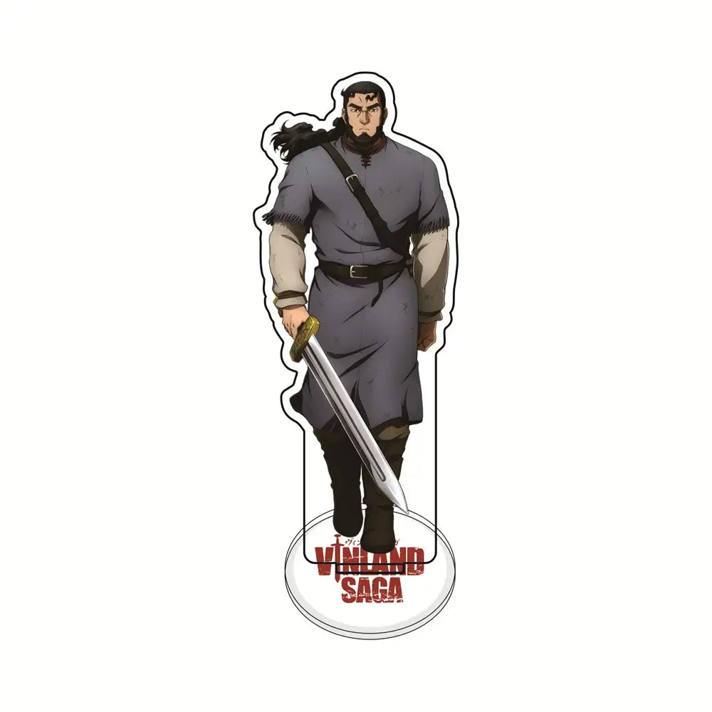 Gray-accented vinyl saga thorfinn acrylic stand featuring a bearded warrior with sword on a 15cm circular base desktop ornament