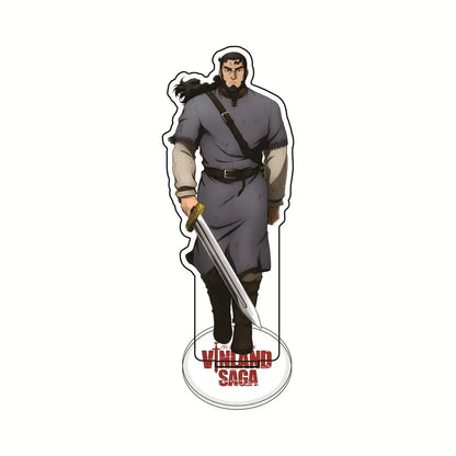 Gray-accented vinyl saga thorfinn acrylic stand featuring a bearded warrior with sword on a 15cm circular base desktop ornament