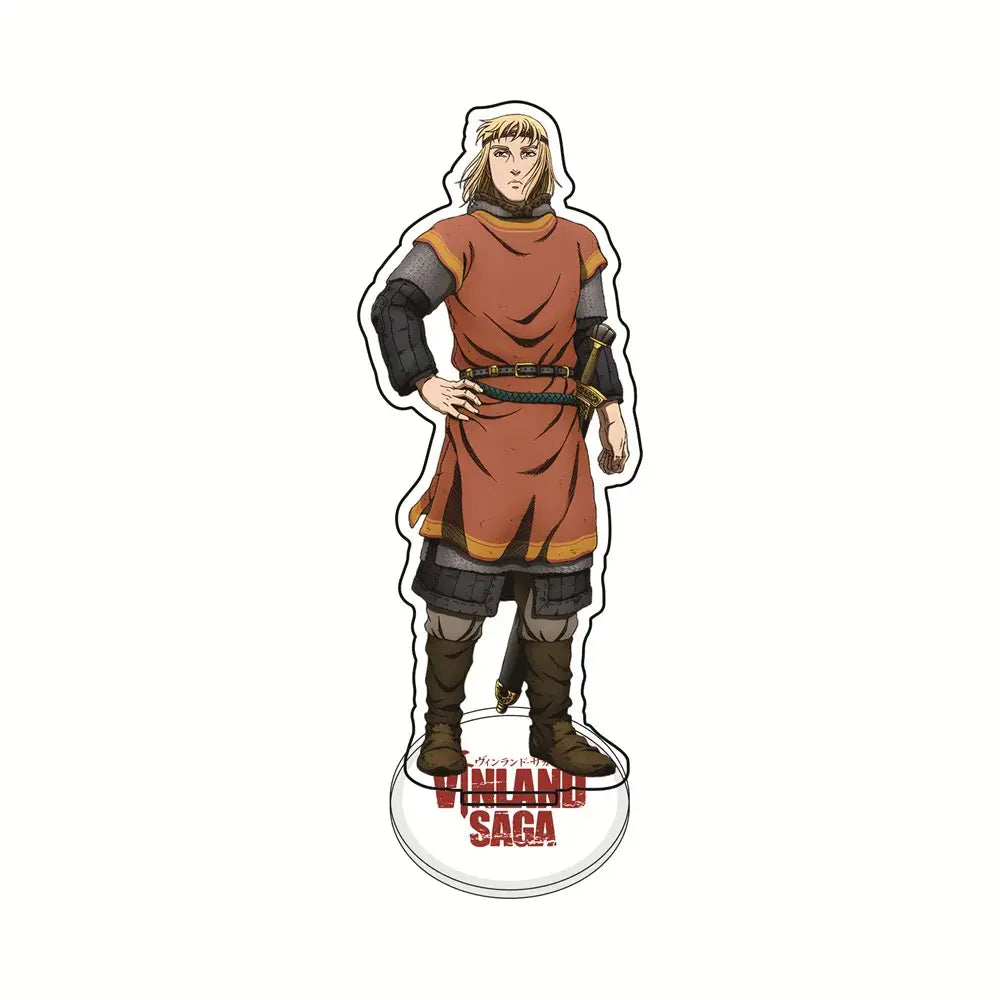 Vinland saga thorfinn acrylic stand featuring a 15cm blonde character in orange tunic with black armor holding a sword
