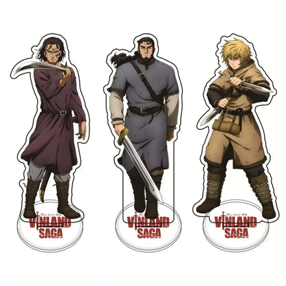 Three vinland saga warrior character standees in detailed medieval clothing as thorfinn acrylic stand 15cm desktop ornament