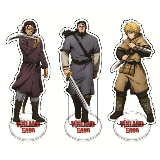 Three vinland saga warrior character standees in detailed medieval clothing as thorfinn acrylic stand 15cm desktop ornament
