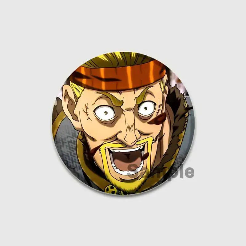 Vinland saga thorfinn tinplate soft badge featuring blonde anime character with red headband and fierce expression circular button brooch