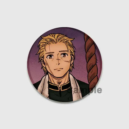 Circular vinland saga thorfinn button brooch featuring blonde anime character in black outfit on purple tinplate badge