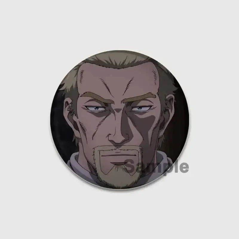 Vinland saga thorfinn button brooch featuring anime character with grayish brown hair on glossy tinplate soft badge